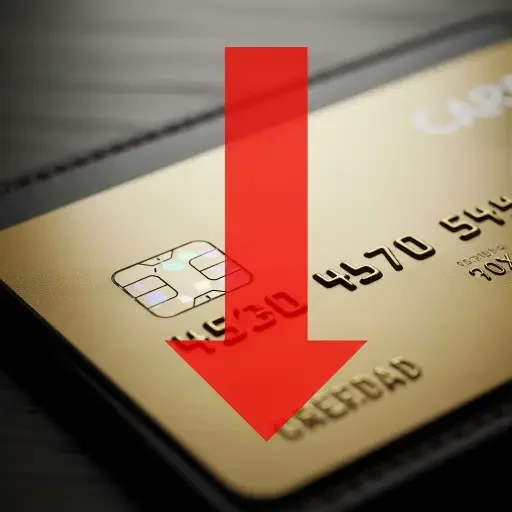 Close-up of a credit card with a red downward arrow overlay, evoking lower interest rates but shrinking credit lines