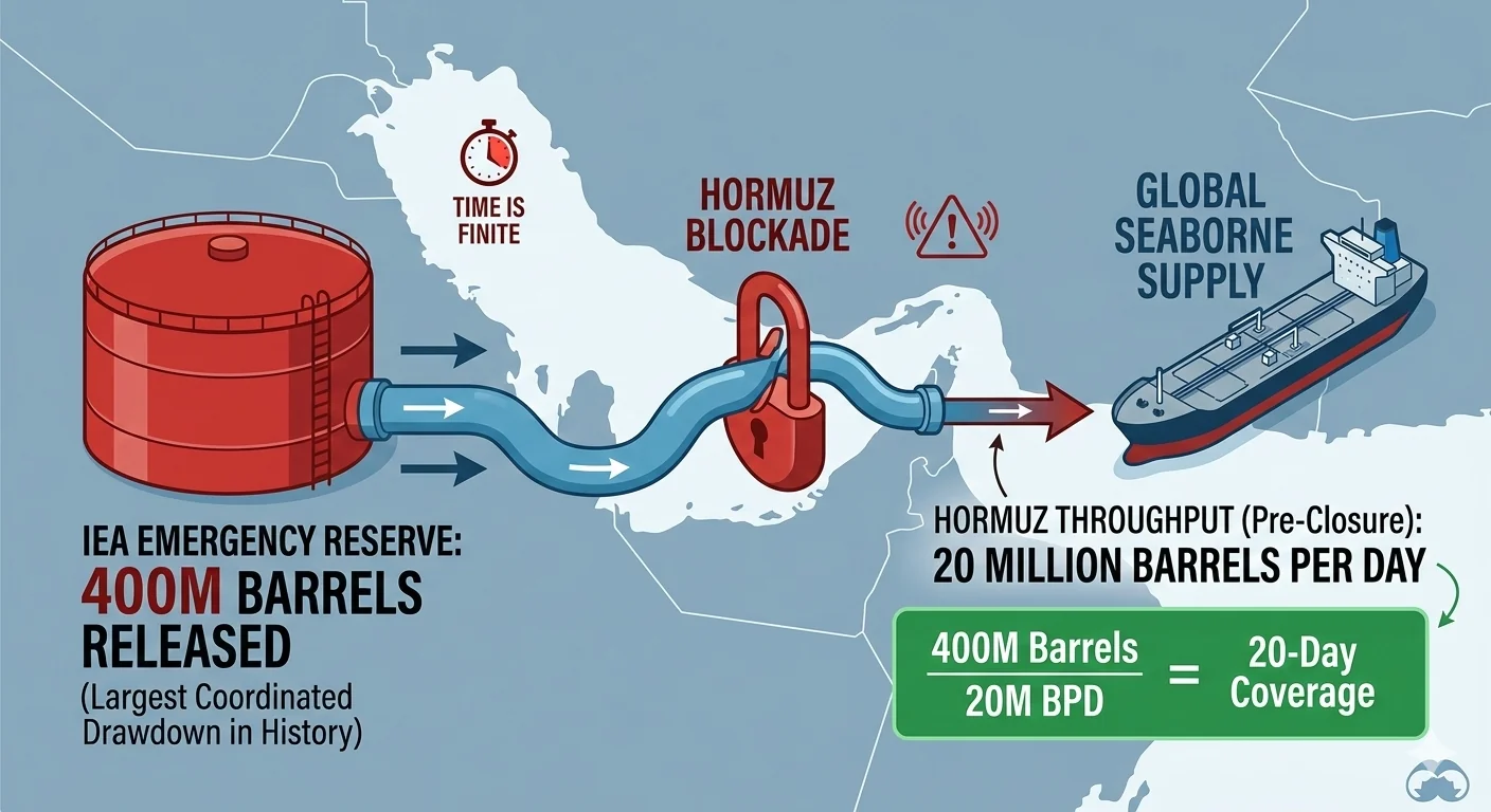 Diagram comparing the IEA's 400-million-barrel emergency release against daily Strait of Hormuz throughput of 20 million barrels, illustrating 20-day coverage window