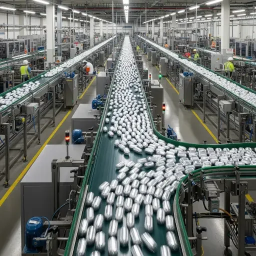 Interior of a beverage can plant with rolling lines of shiny aluminum cans on conveyor belts