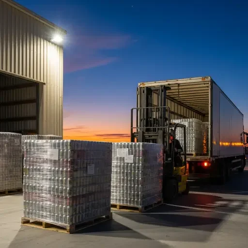 Palletized cans being loaded into a regional distribution truck at dusk