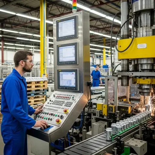 Technician monitoring automated can stamping machinery on a factory floor