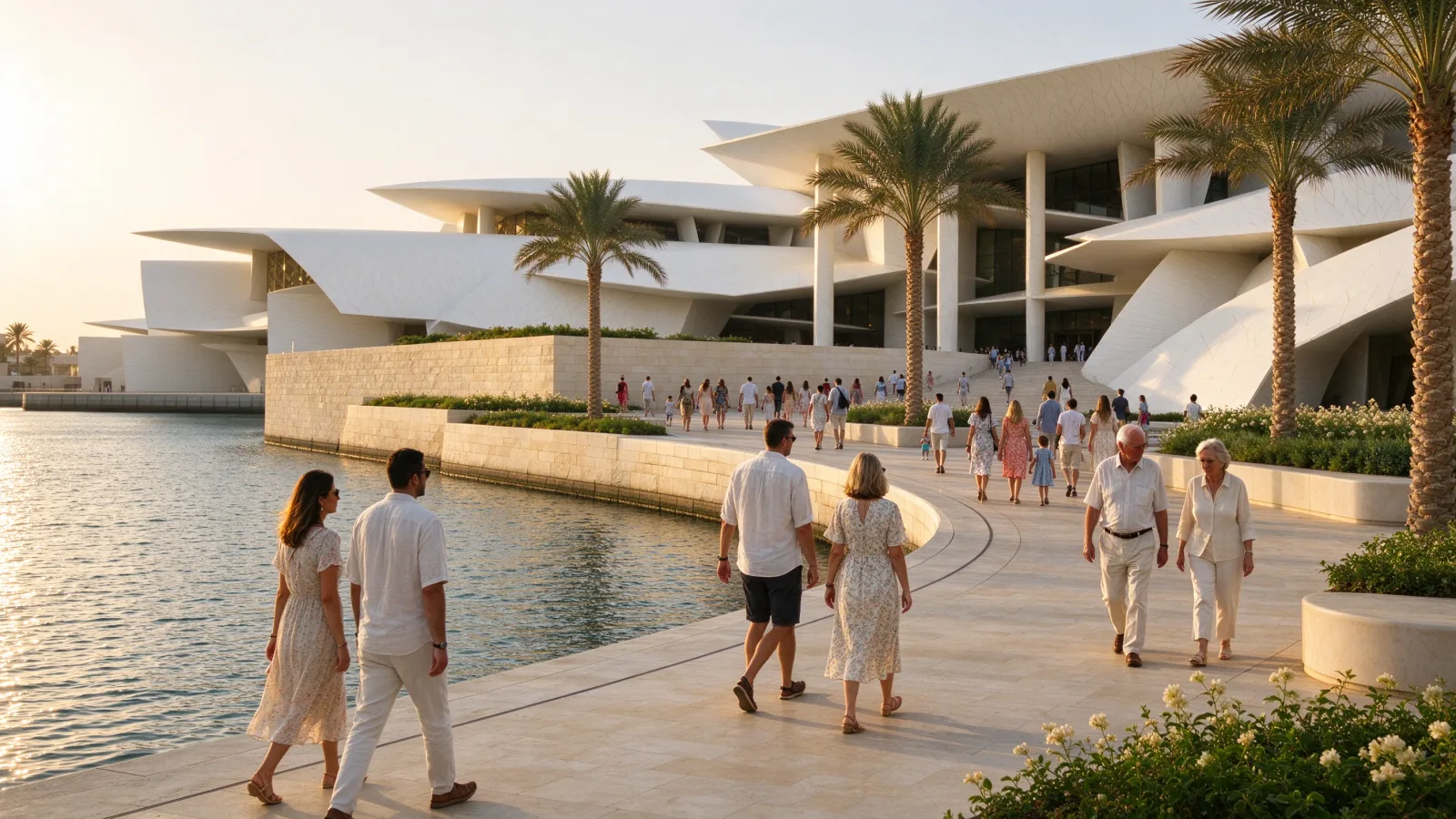 Golden-hour promenade on Saadiyat Island with visitors walking toward a white modern museum complex beside calm Gulf water and palms