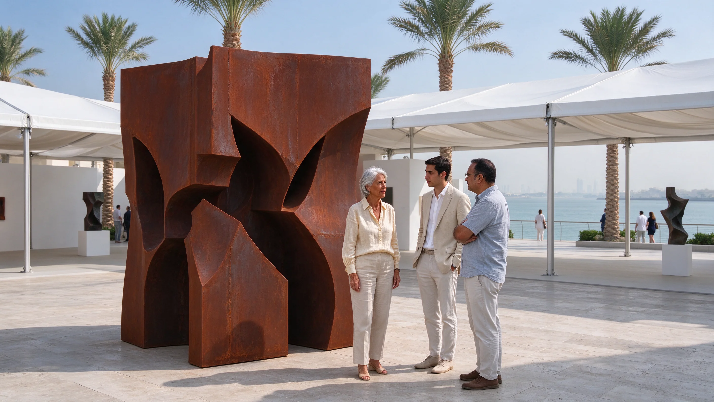 Collectors and visitors on a sunlit outdoor art fair terrace beside Abu Dhabi bay, discussing a large sculpture under white tent canopies