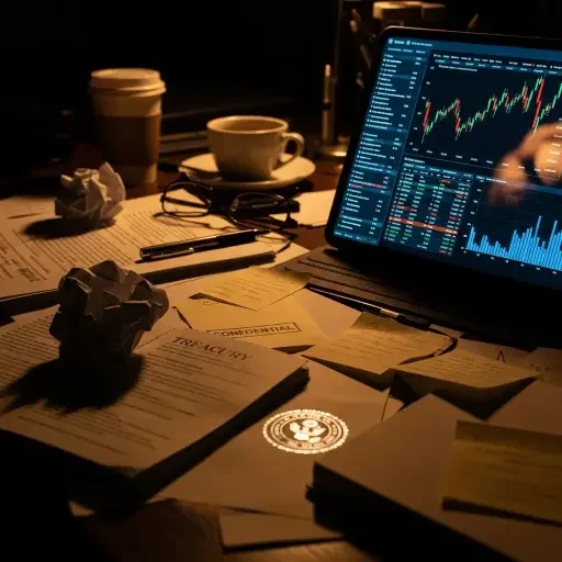 A chiaroscuro of policy notes, Treasury memos, and market dashboards.
