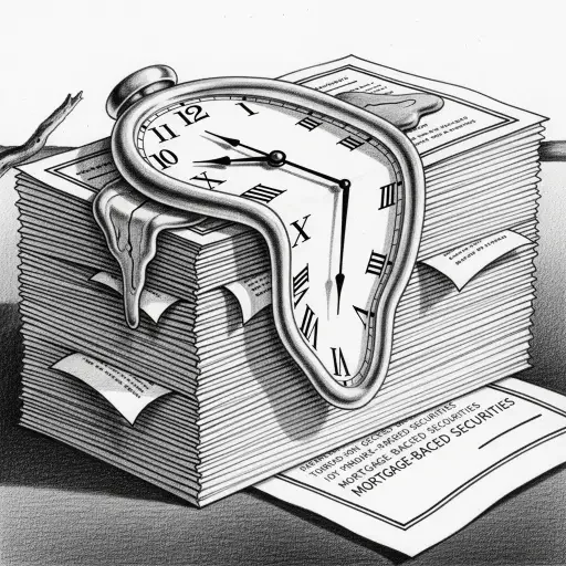 A graphite sketch of a clock melting over a stack of mortgage-backed securities, a nod to time as an economic variable.