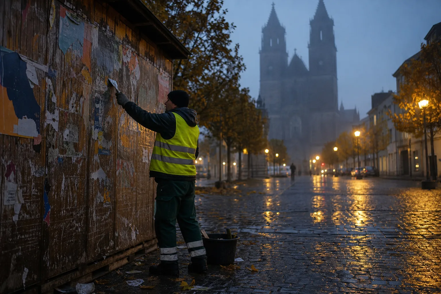 A municipal worker scraping leftover campaign posters from a kiosk on wet Magdeburg cobblestones, cathedral towers in fog