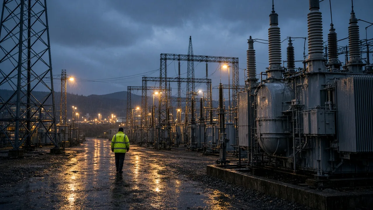 High-voltage substation at blue hour, wet gravel, one technician walking between transformers