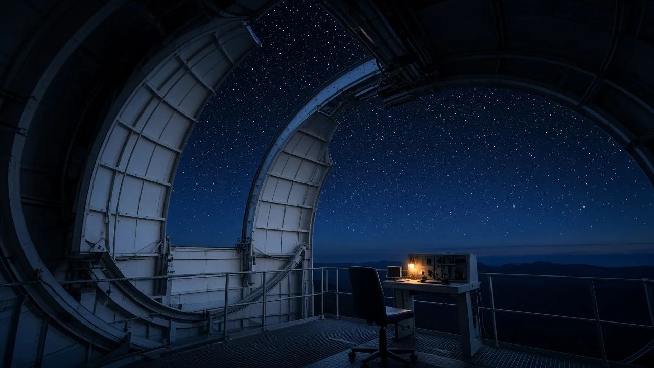 Open telescope dome at blue hour aimed at a dense star field — scarce instrument nights