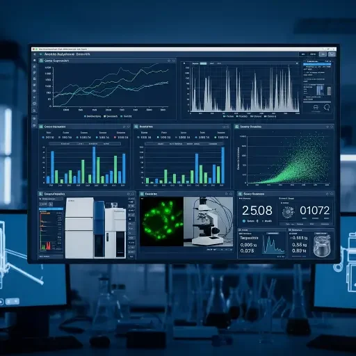 A dashboard of analytical data at a biotech company, with graphs and lab screens showing instrument outputs.