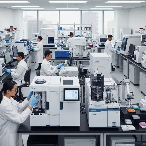 Laboratory instruments in a modern biotech facility, with Agilent branding subtly visible.