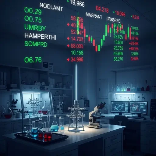 Stock ticker and a quiet lab backdrop, symbolizing the blend of finance and science.