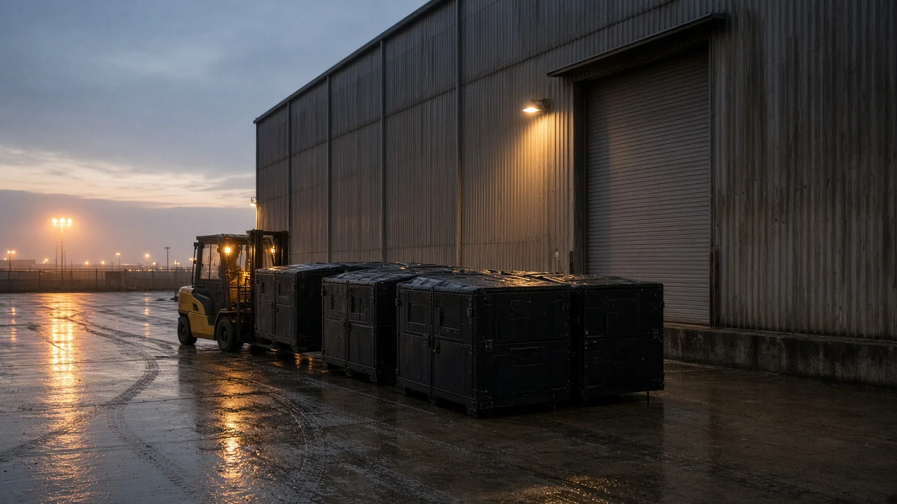 Sealed industrial compute crates unloaded by forklift on a rain-wet loading apron beside a hangar-scale metal building at dawn