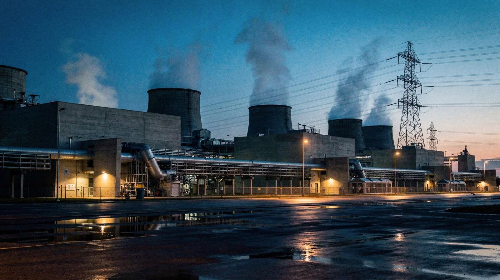 Steam rising from cooling stacks beside a hyperscale data-center campus at blue hour under transmission lines