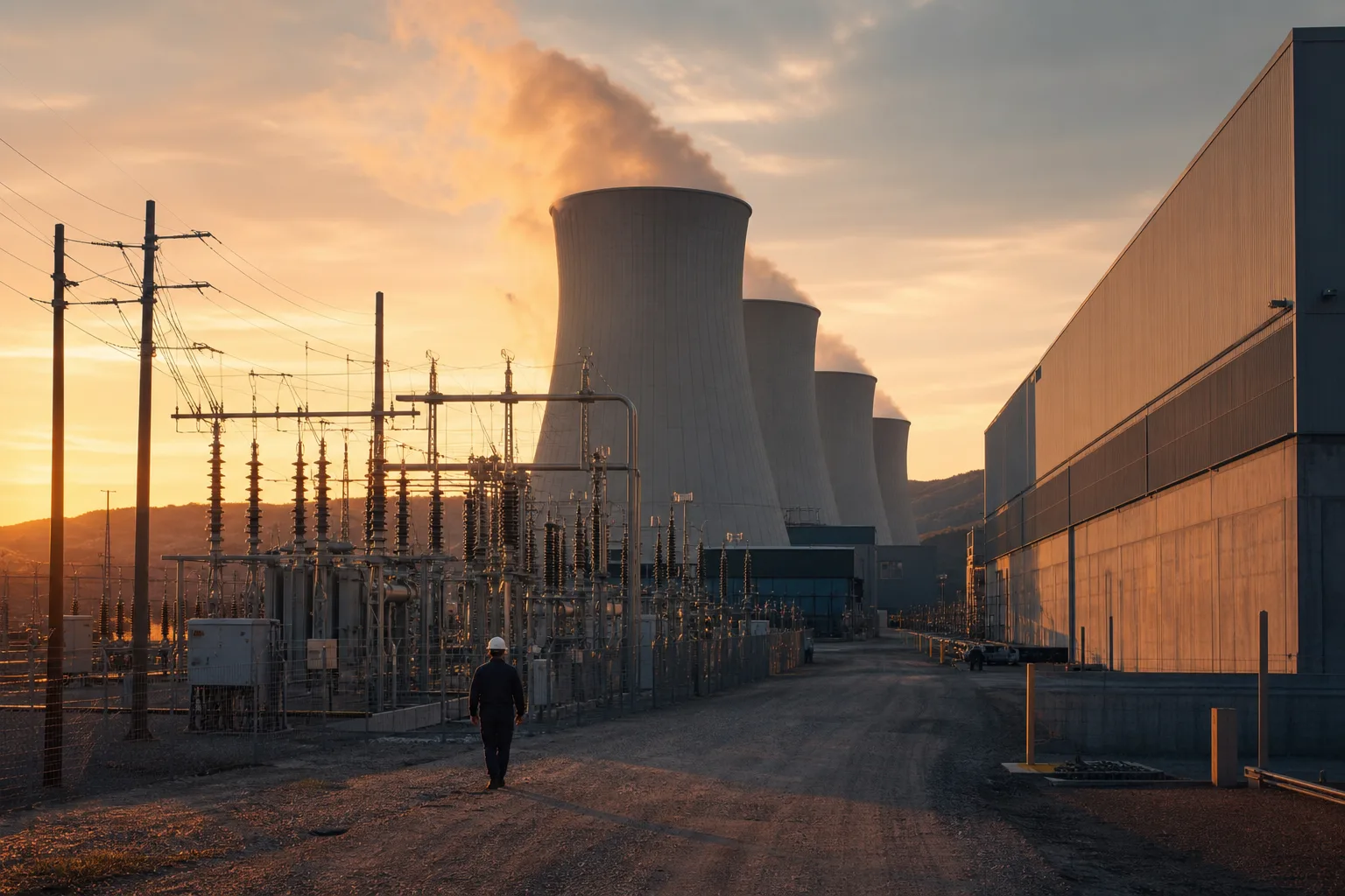 Hyperscale campus at dusk: cooling towers and a high-voltage switchyard, one technician on the gravel road