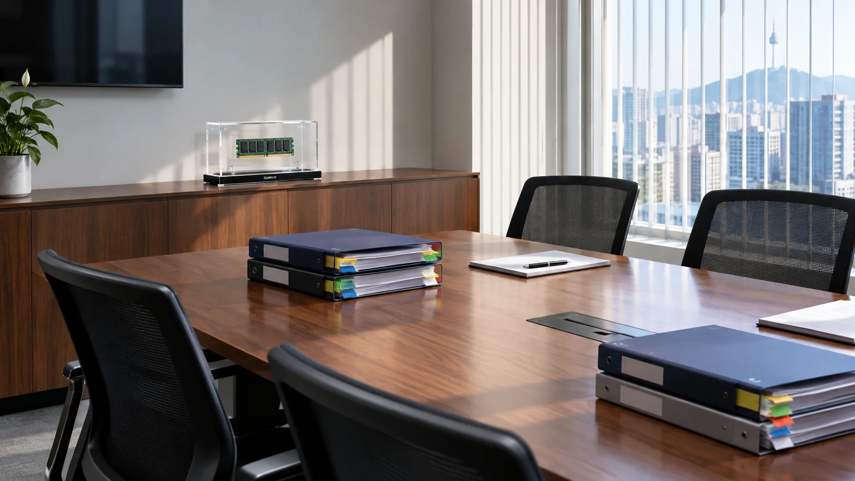 Quiet corporate briefing room with capacity-planning binders and an HBM module sample sealed in acrylic on a sideboard