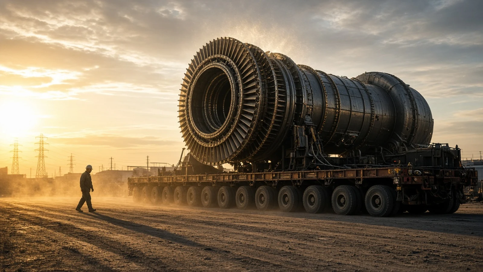 Heavy-duty gas turbine casing on a transporter trailer at golden hour, heat shimmer and dust, transmission towers soft in the distance