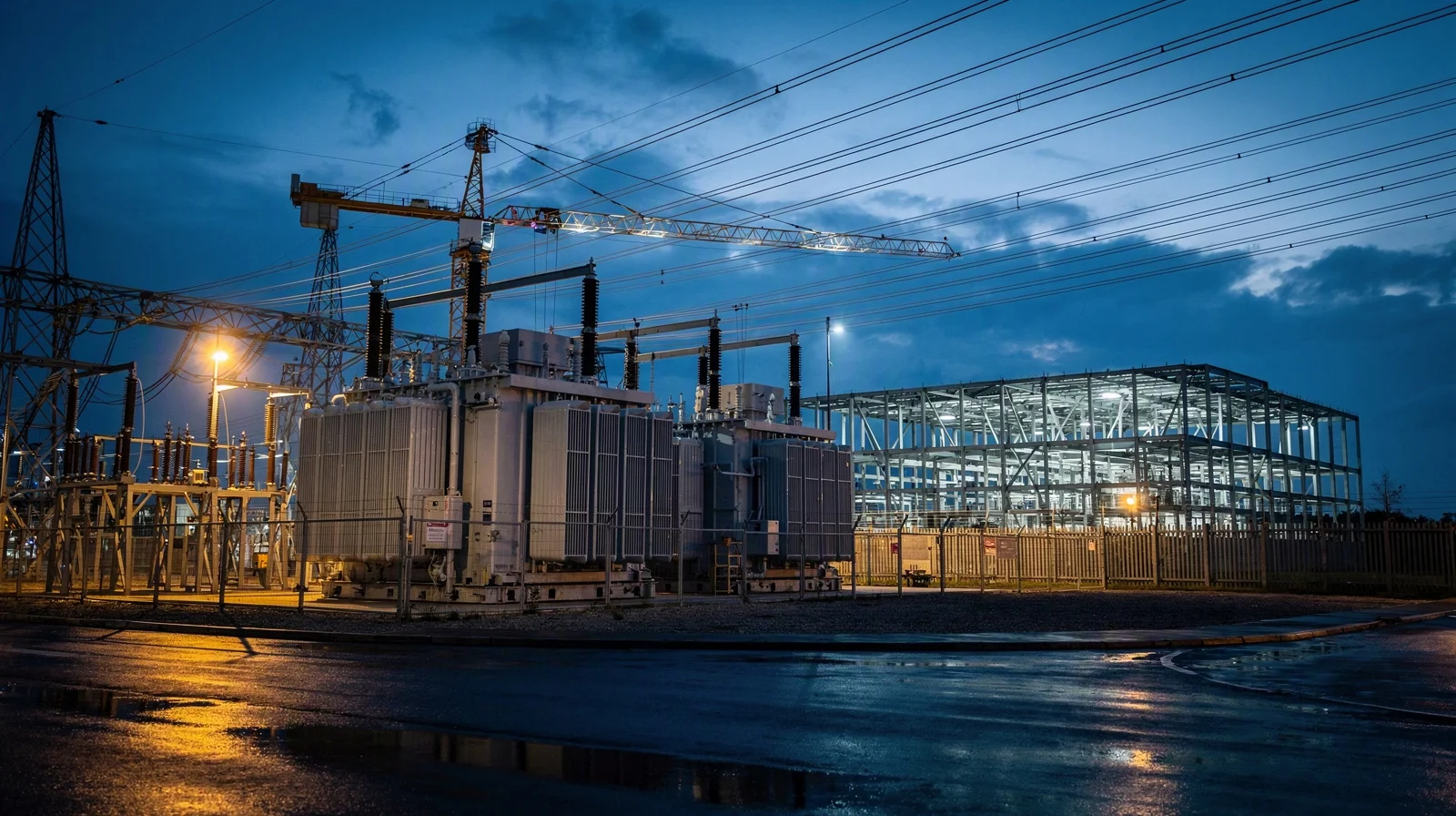 A high-voltage substation beside a data-center construction site at blue hour, transformers and a crane reflected in wet pavement