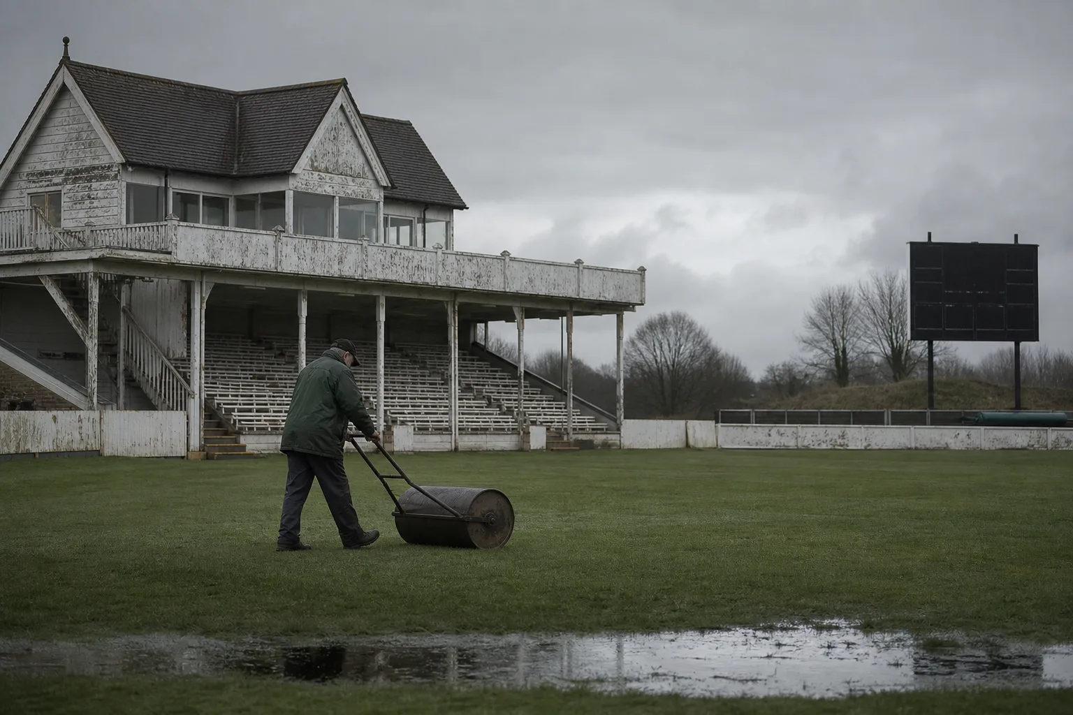 A county groundsman rolling a deserted English outfield at dusk beside an empty wooden pavilion
