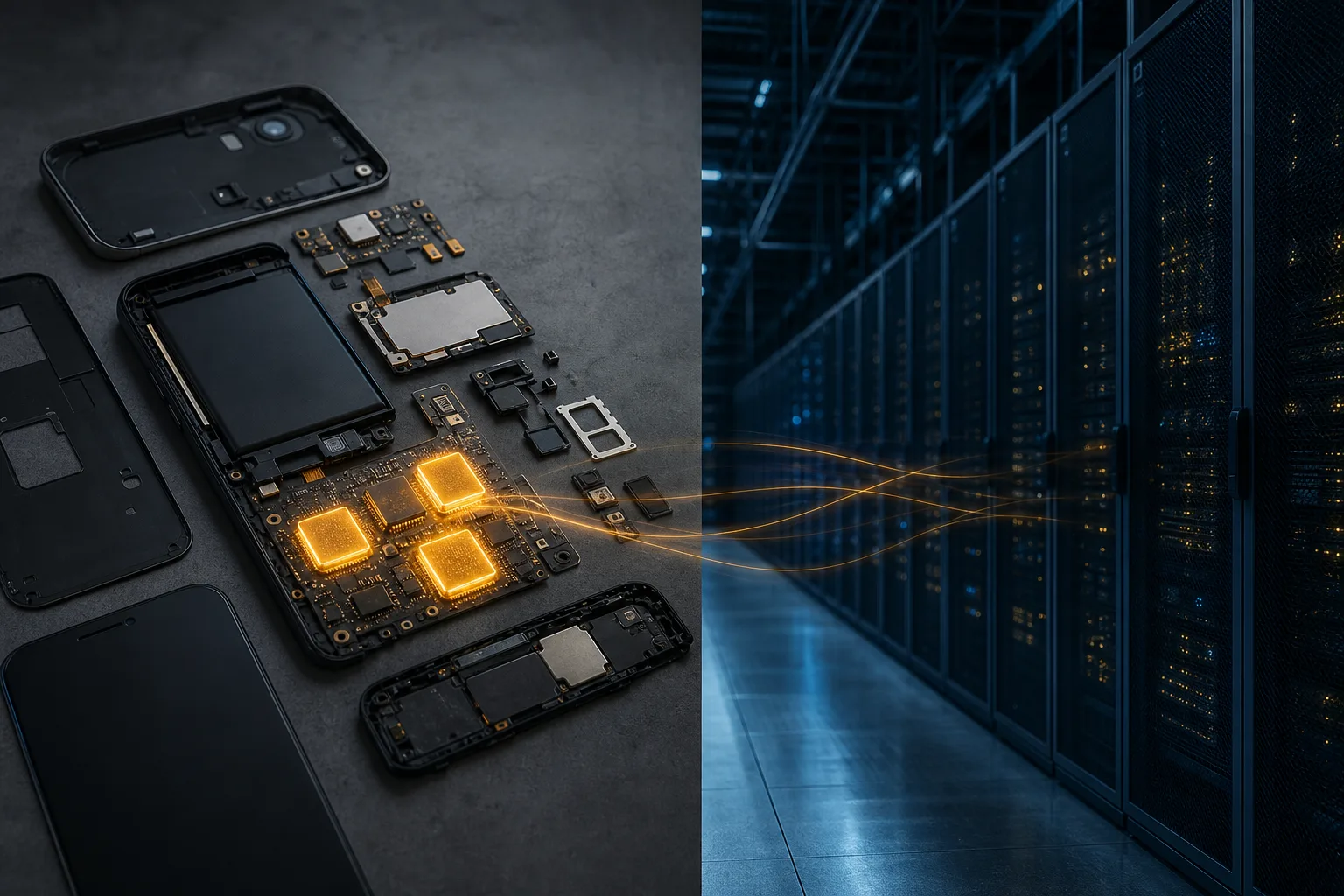 Split composition contrasting a consumer device bill of materials dominated by memory cost against a data center rack absorbing high-bandwidth memory supply