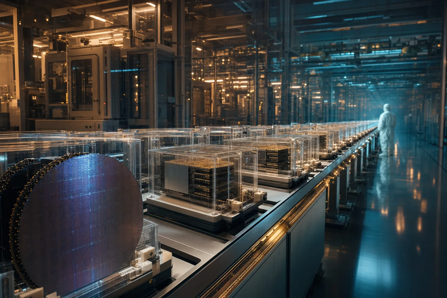 Advanced semiconductor packaging cleanroom where logic dies and high-bandwidth memory stacks wait in an allocation queue under amber light