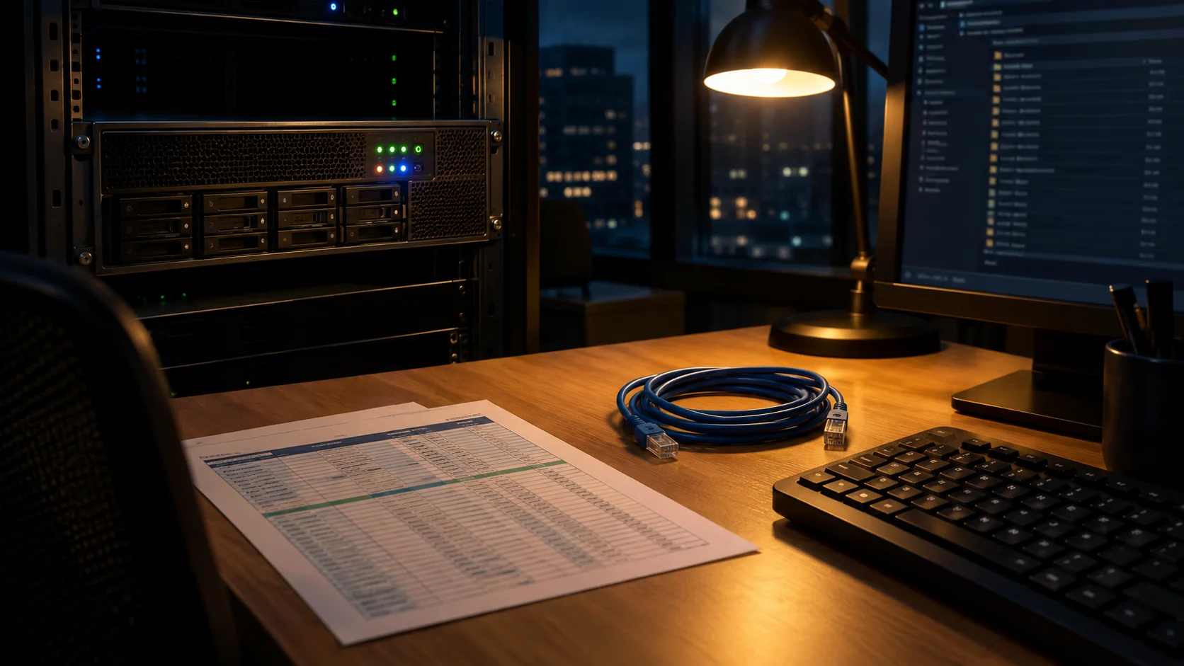 Managed-service provider desk with a labeled cloud-backup appliance, printed OAuth application audit sheet, and disconnected Ethernet cable coiled beside the keyboard