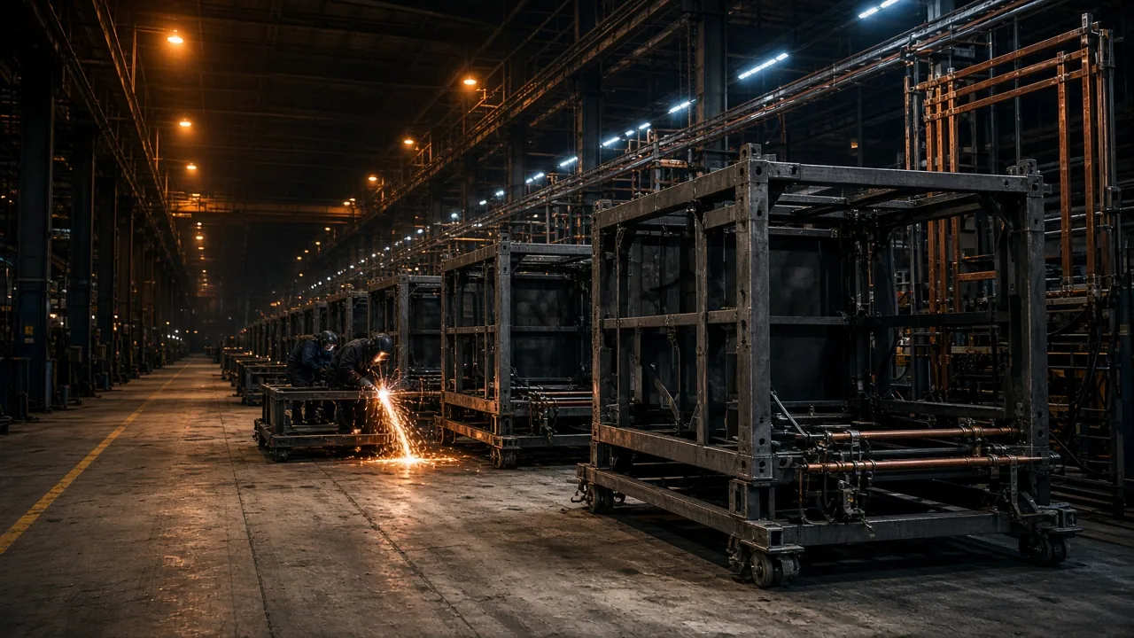 High-bay factory, unfinished steel container shells on dollies, sparks from a weld