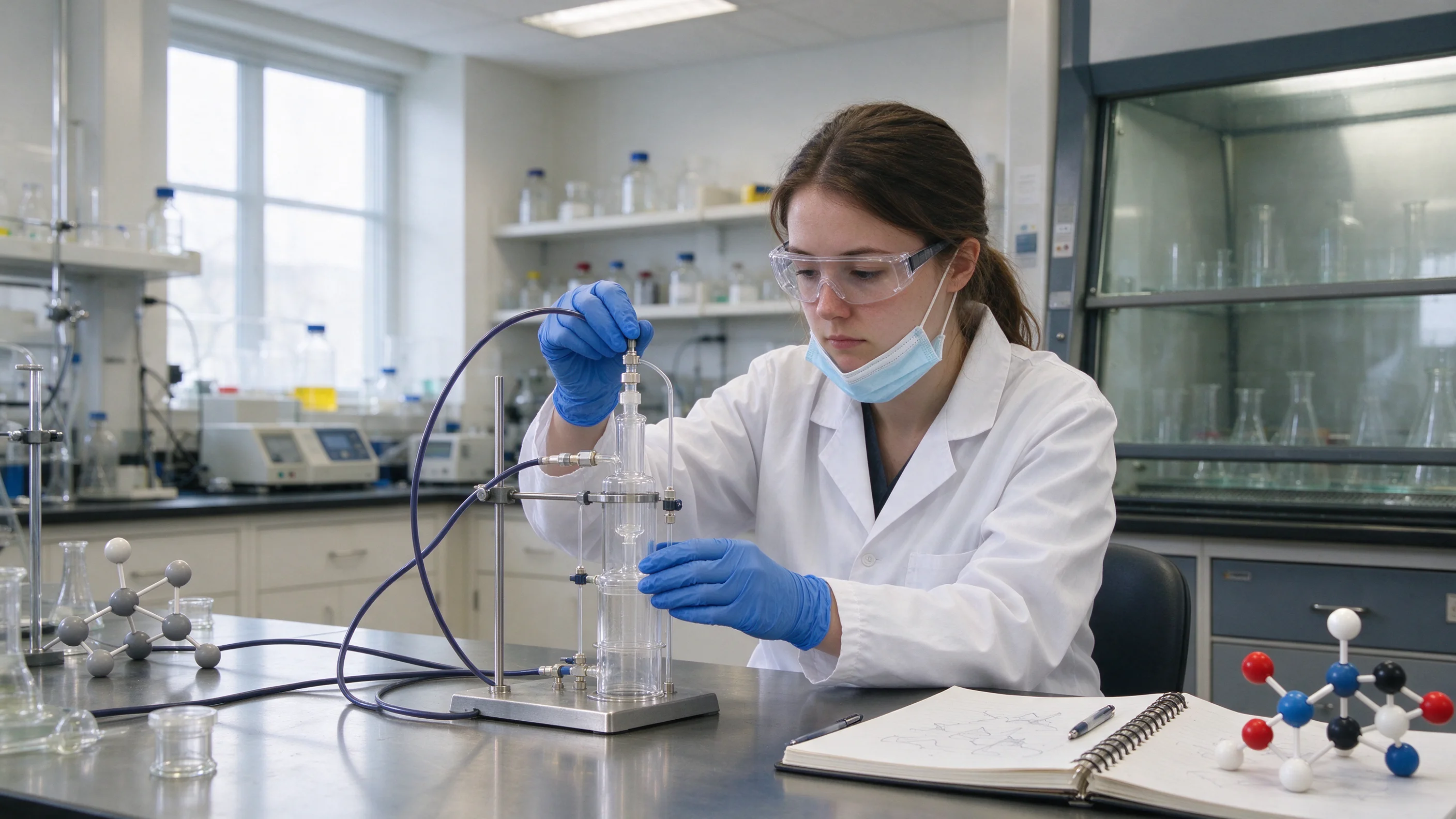 Bright overcast daylight in a university radiochemistry teaching lab, researcher in lab coat adjusting a small synthesis apparatus on a bench with lead-lined hood behind