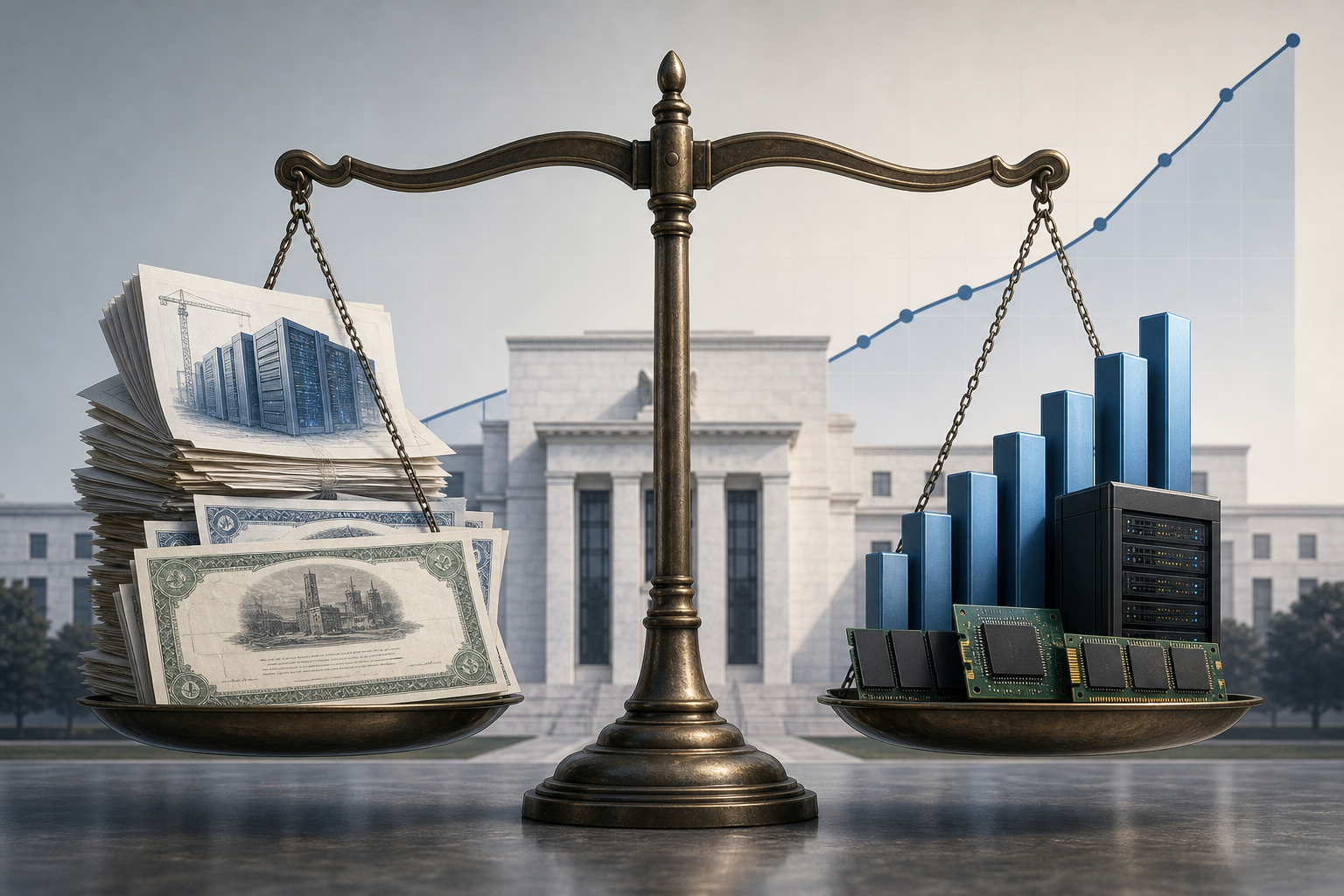 Balanced scales weighing AI infrastructure debt against rising cloud and memory revenue with a Federal Reserve silhouette behind