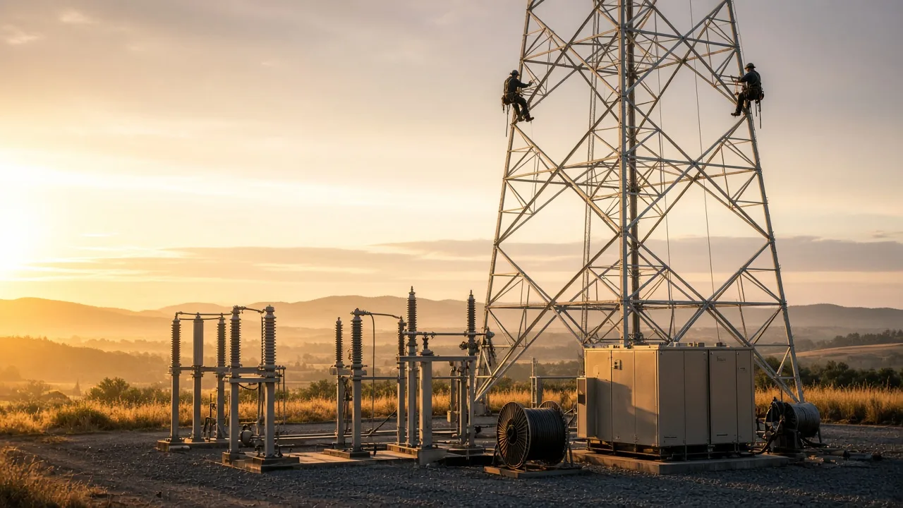 Linemen on a steel lattice transmission tower at golden hour above a gravel substation yard with transformers and cable reels