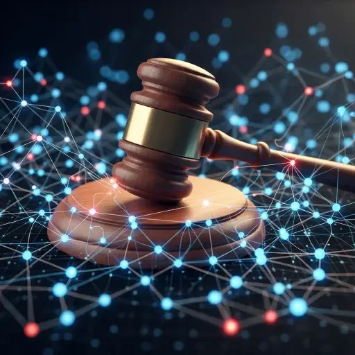 A courtroom gavel overlain on a neural-network visualization, suggesting legal frameworks meeting algorithmic systems