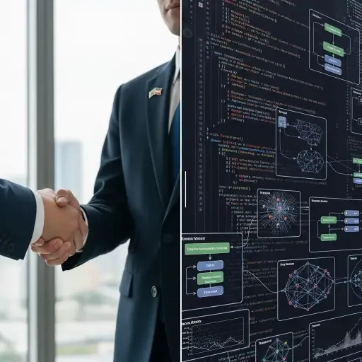 Split-screen: left shows a handshake between corporate and state; right shows code and model diagrams