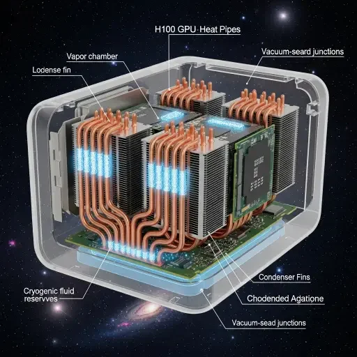 Close-up technical diagram of H100 GPU thermal management system adapted for vacuum conditions, with heat pipe arrays visible against star field background