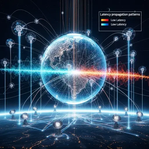 Network visualization showing theoretical distributed AI mesh with orbital nodes, ground stations, and latency propagation patterns across global coverage