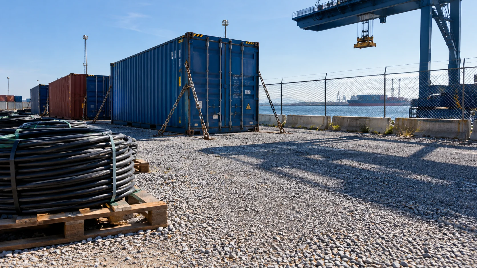 Ground-level view of a port-adjacent gravel pad with shipping containers, coiled cable on pallets, and a gantry crane shadow on the fence