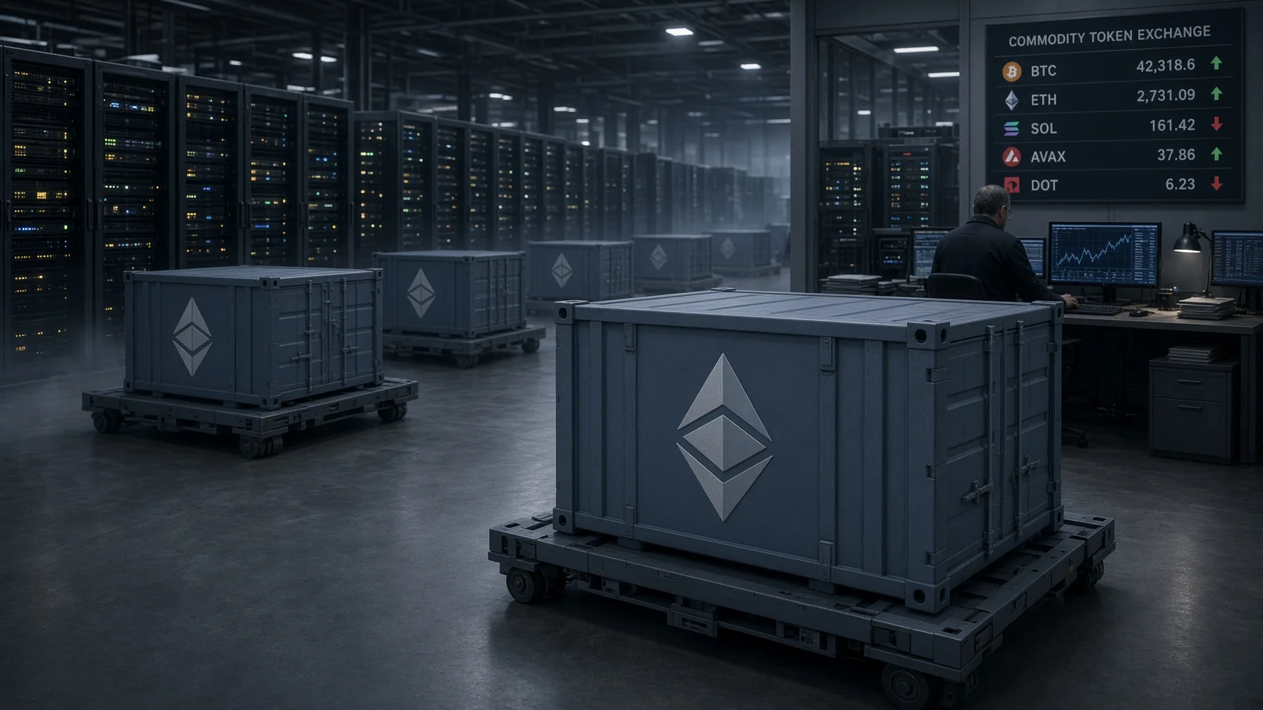Sealed metal containers with abstract token symbols exchanged between server farms like commodities on a trading floor
