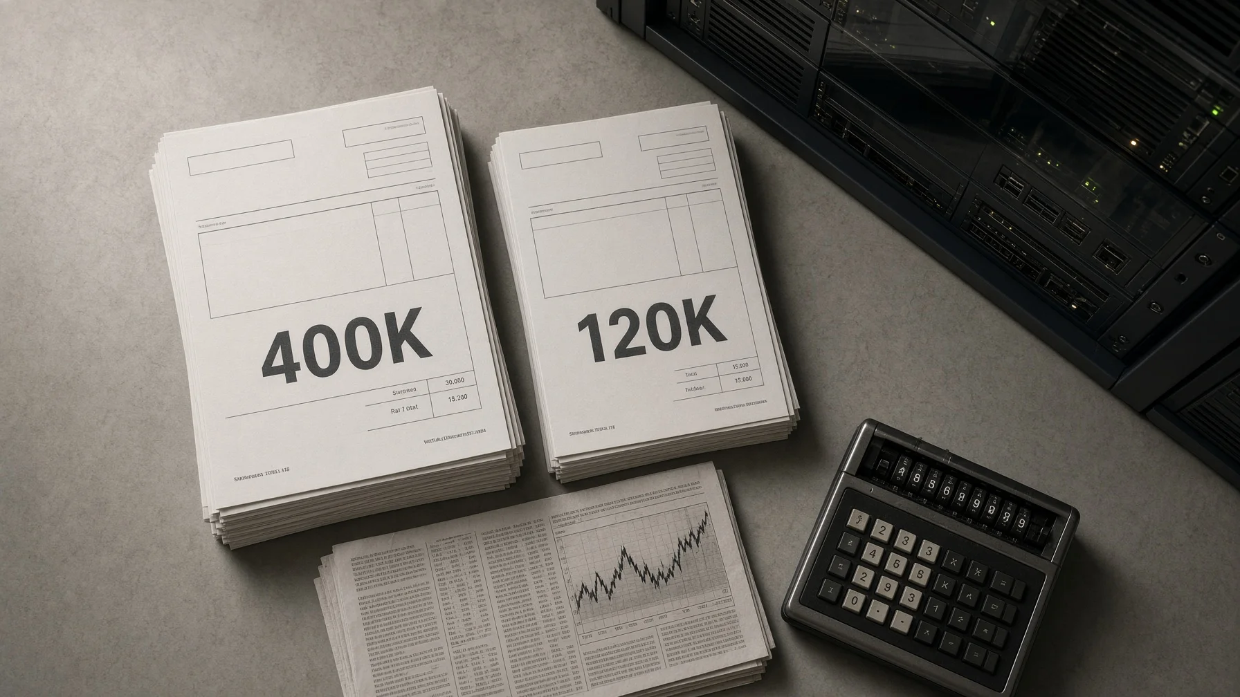Two invoice stacks on a trader's desk—one large marked $400K, one thin marked $120K—with server reflections and a mechanical calculator