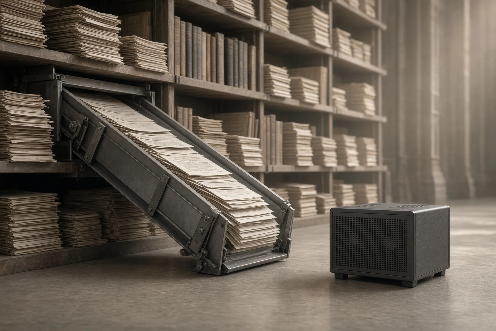 A vast paper archive feeding into a compact GPU server the size of a briefcase, suggesting billions of words processed for pocket change