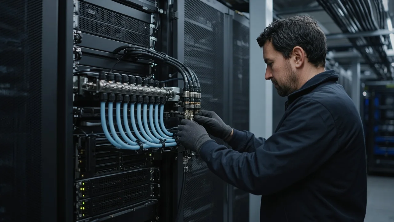 Lateral view of a technician adjusting liquid-cooling manifolds beside a short server row in a modest operational data hall