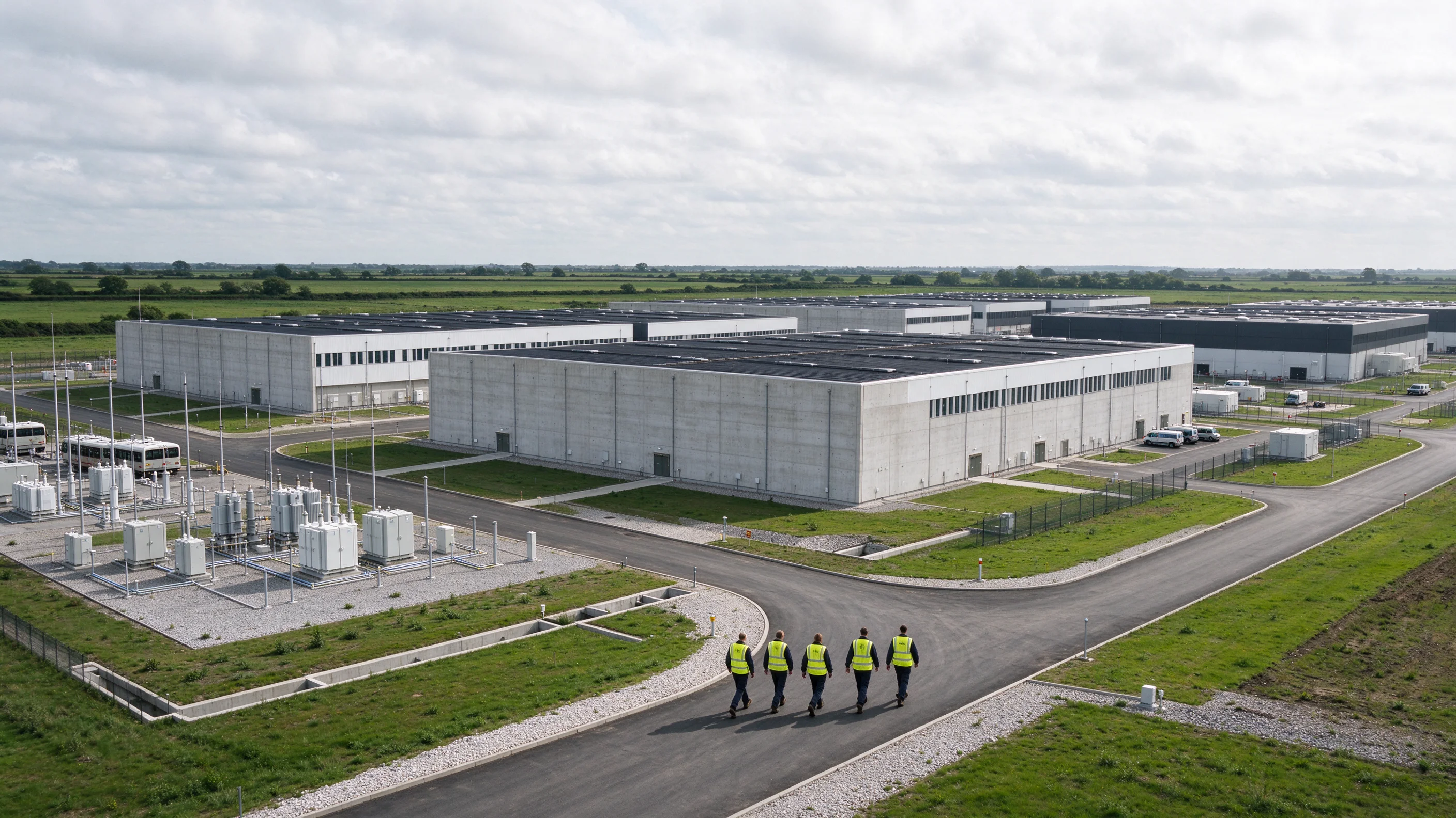 Bright overcast view of an operating data-center campus with a facilities crew on a perimeter road