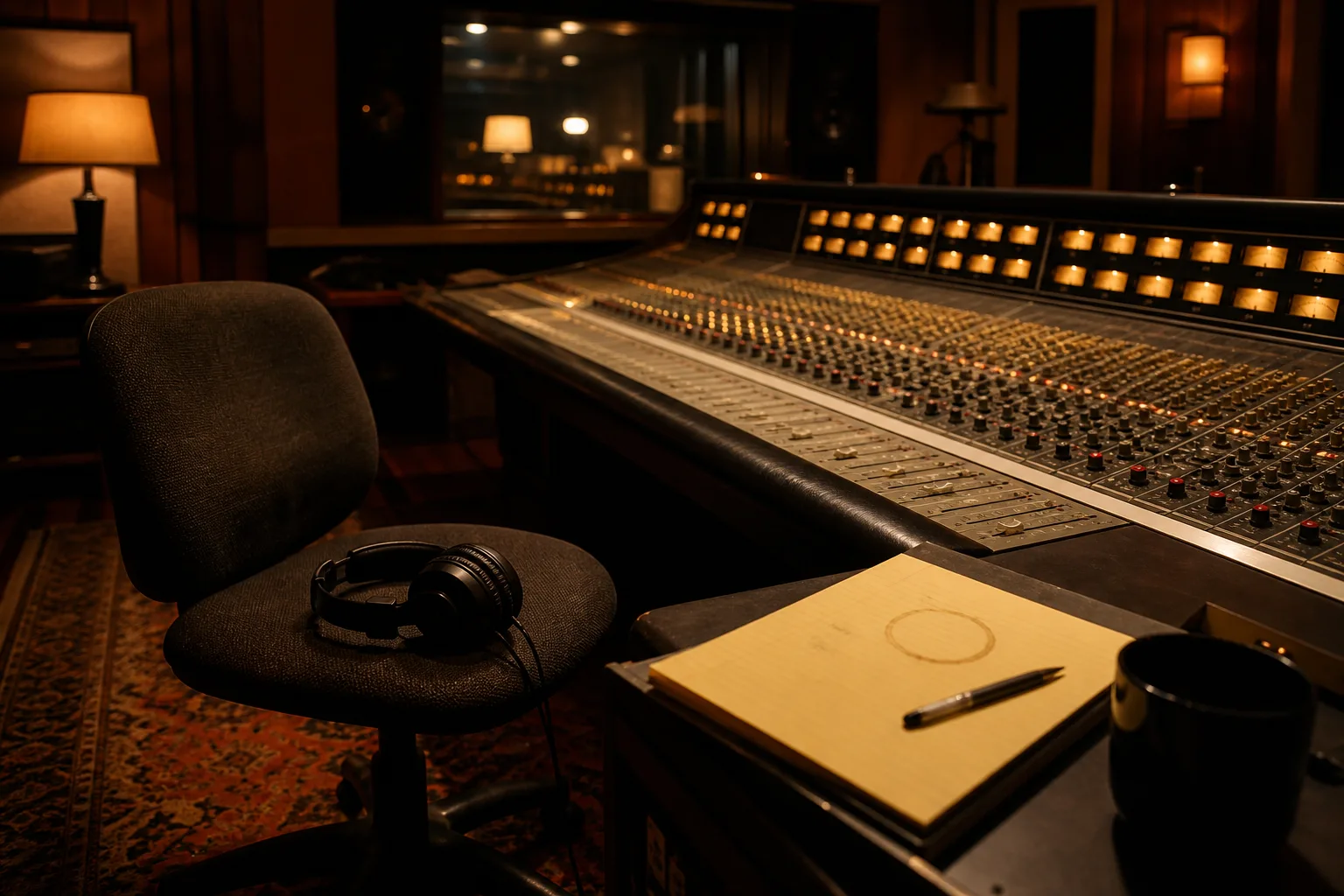 An empty assistant stool at a large analog mixing console in a dim control room, headphones left on the vacant seat