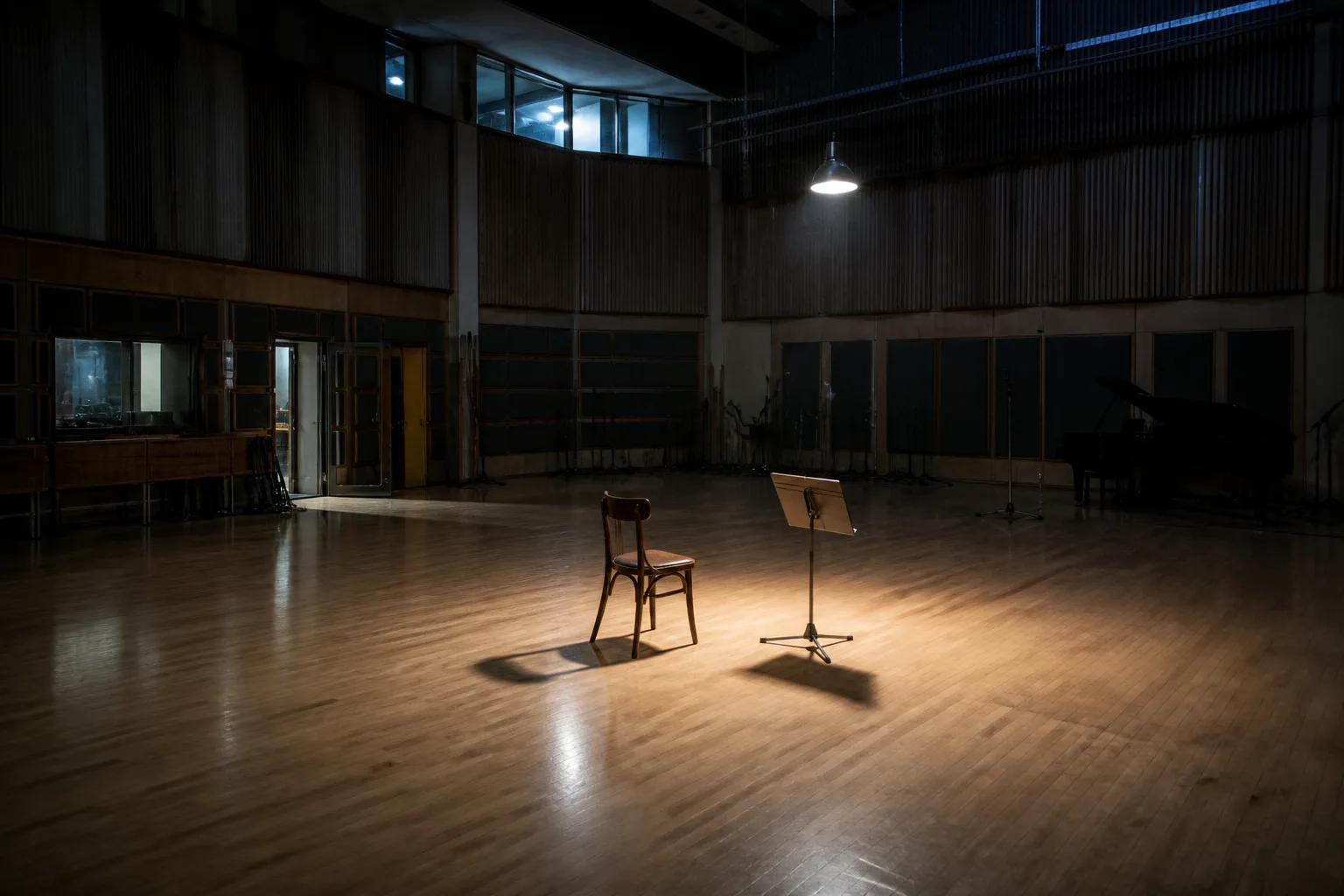 An empty chair and music stand in a recording-studio live room after the session, microphone stands in shadow