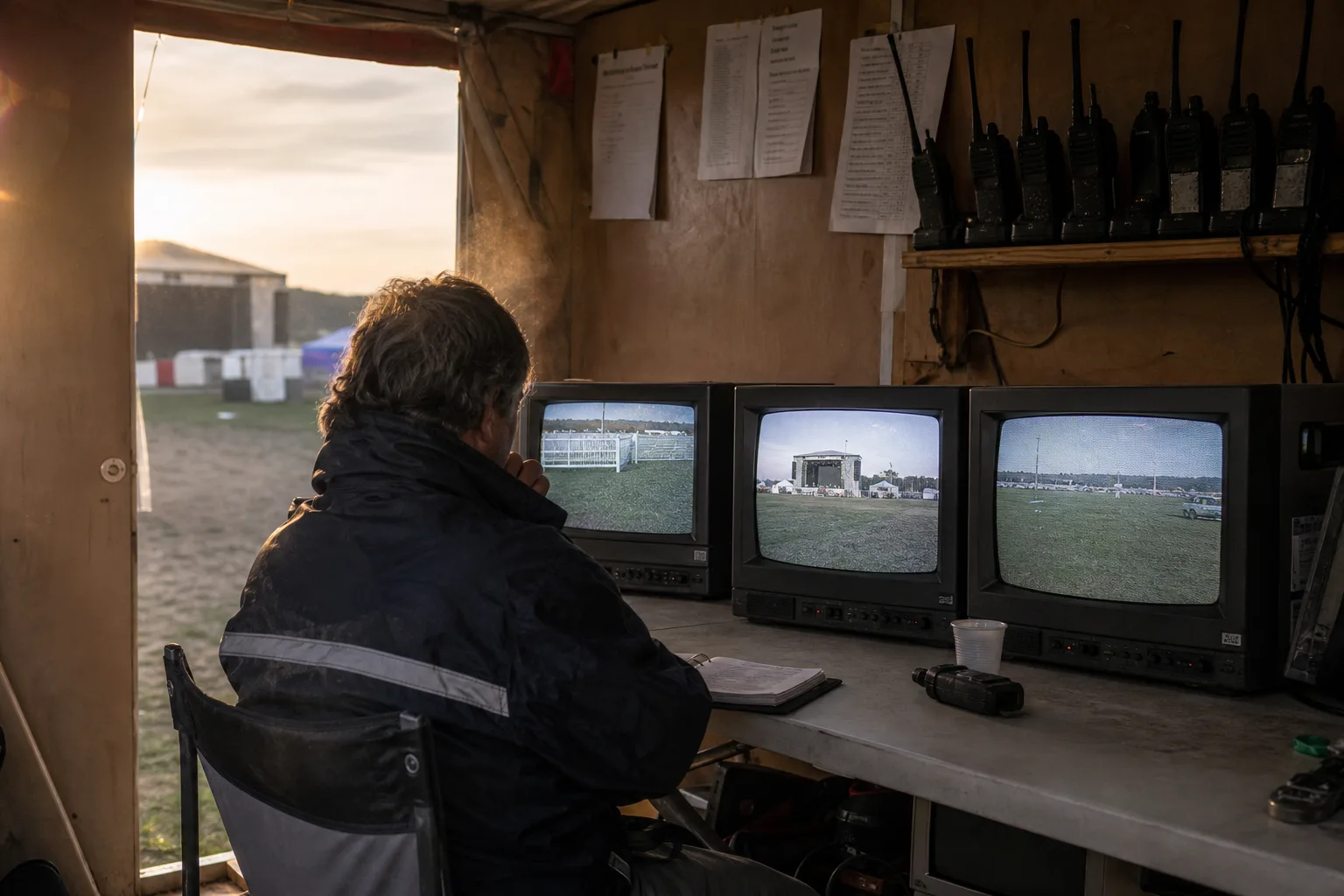 A lone festival steward in a dusty operations trailer at dusk, watching ordinary CCTV of a grass field on a few aging monitors