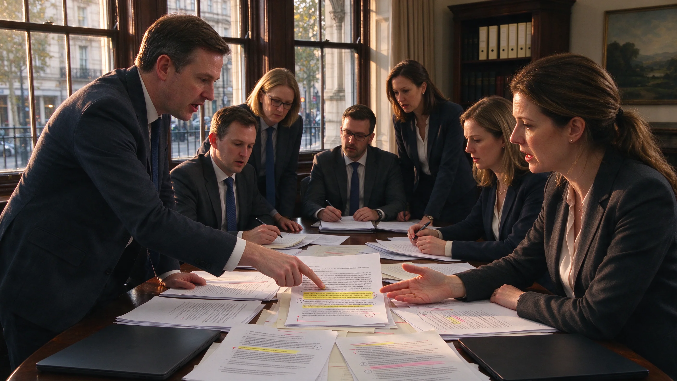 Golden-hour policy roundtable with professionals leaning over printed consultation responses and marked-up privacy assessments