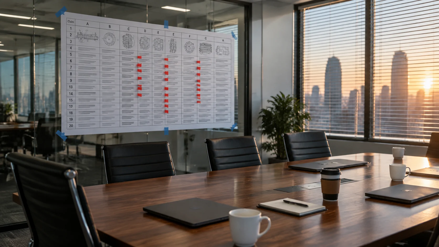 Deal team reviews a patent claim chart taped to a glass wall with red flag stickers before an acquisition meeting