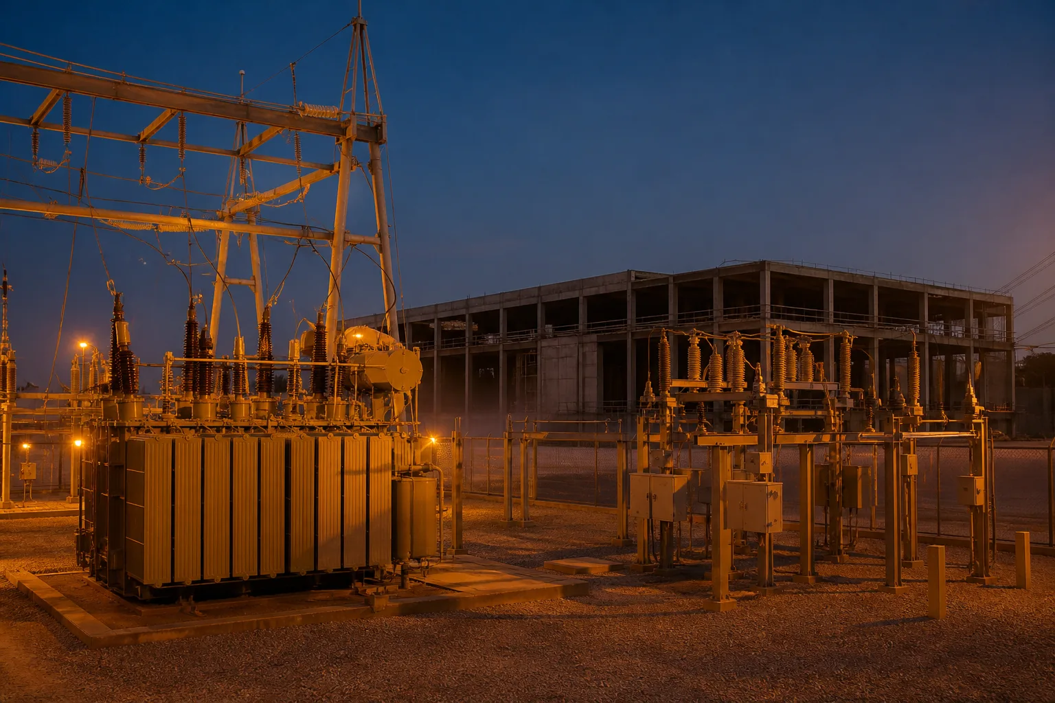 Floodlit high-voltage transformers and switchgear in a gravel substation yard at dusk, with an unfinished data-center shell behind in blue haze