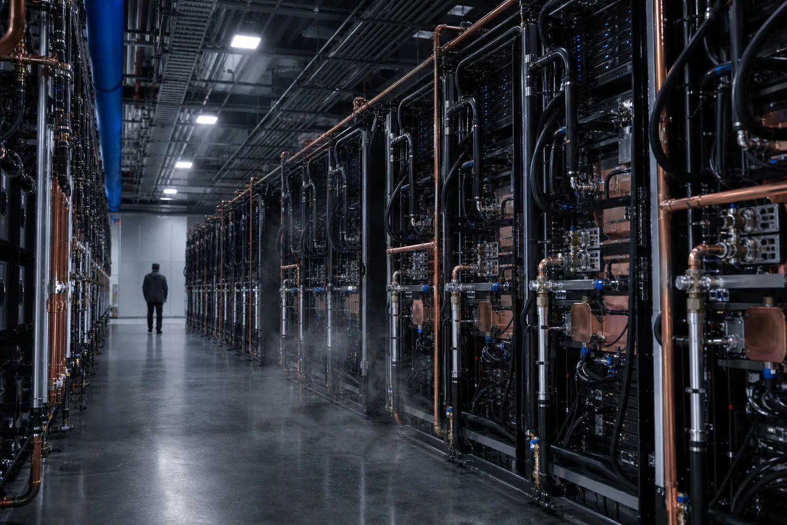 Dense GPU racks with copper liquid-cooling manifolds and cold-plate plumbing, heat shimmer in the aisle, a lone technician for scale