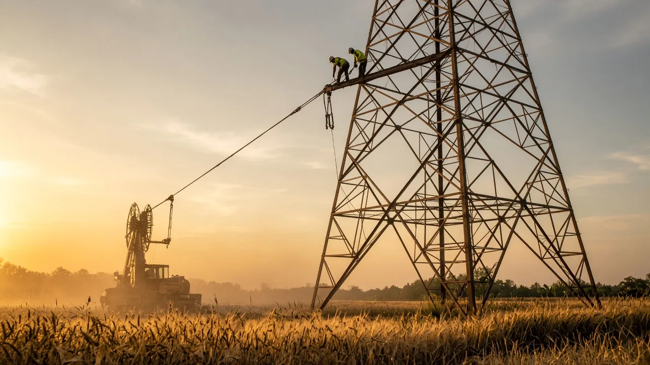 Transmission tower at golden hour, a conductor being pulled, two workers on the crossarm