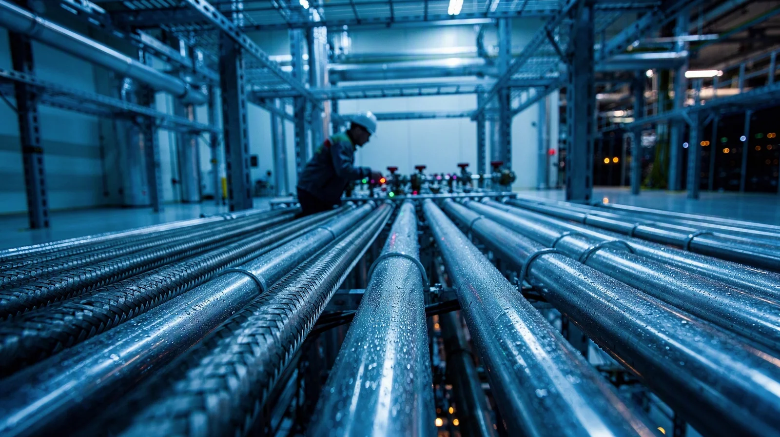 Industrial liquid-cooling manifolds and insulated pipe on a data-hall mezzanine, technician silhouette, cold blue light and warm status LEDs on steel