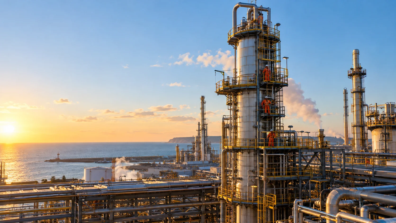 Coastal refinery distillation column and pipe rack at golden hour with maintenance crews on scaffold