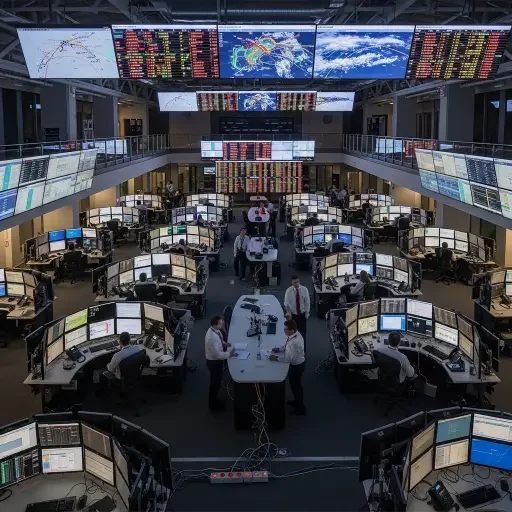 A mezzanine view of a bustling airline operations center, screens flashing delay metrics